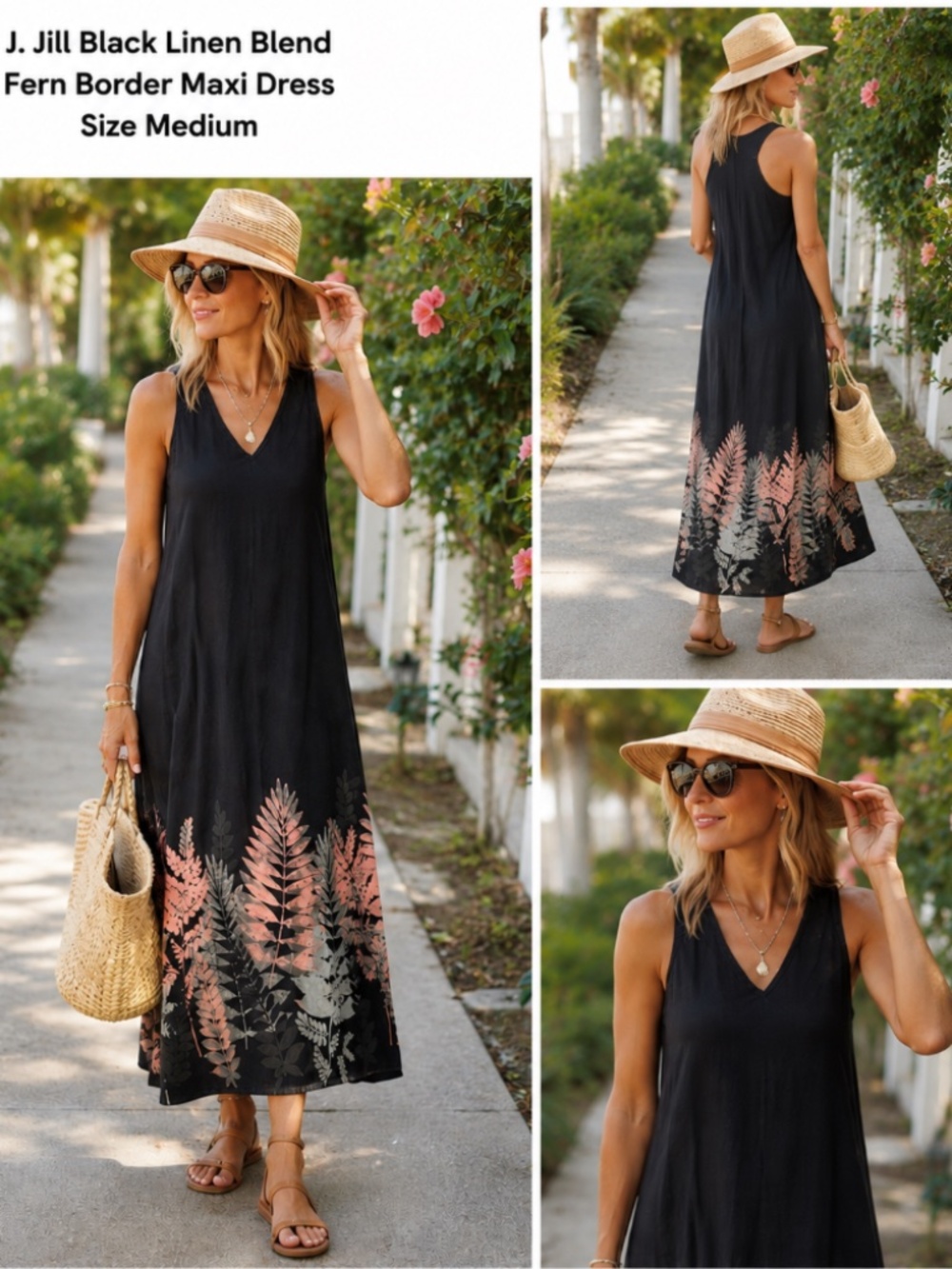 J. Jill Black Botanical Fern Border Maxi Dress – Size Medium – EUC